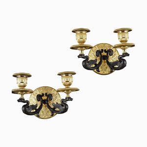 Kleine Ormolu Wandleuchten mit 2 Leuchten und Brauner Patina, 1840er, 2er Set