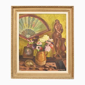 Still Life with Fan and Anemones, Oil Painting on Wood, 20th Century