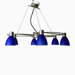 Lampada a sospensione con paralume in vetro blu di Ignoto per Ignoto, 1990