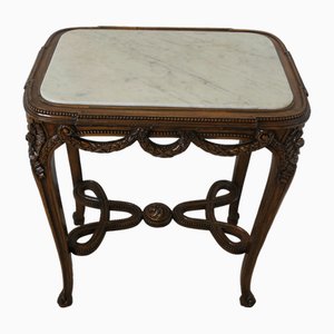 French Lamp Table with Carved Decoration and Marble Top, 1940s