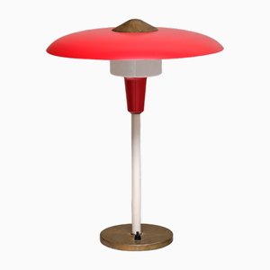 Lampada da scrivania Lyfa rossa in ottone e metallo, Danimarca, anni '50