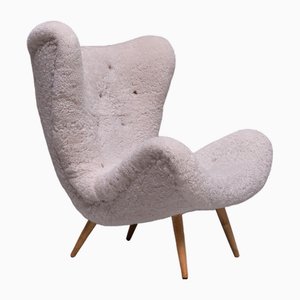 Exceptional Organic Swedish Modern Easy Chair in Sheepskin and Beech, 1940s