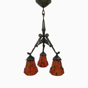 Art Deco Hängelampe mit 3 Orangen Glasschirmen, 1930er