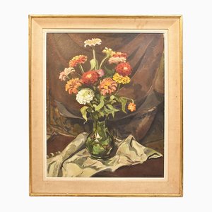 Gelbe und Rote Zinnienblüten, Öl auf Holz, 20. Jh.