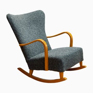 Beech Rocking Chair Upholstered with Grey Bouclé Fabric, Sweden, 1940s