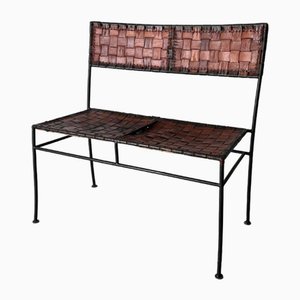 Cognac Leather and Iron Frame Bench, 1970