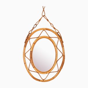 Mid-Century Italian Oval Mirror with Chain in Curved Bamboo and Wicker, 1970s