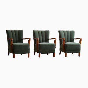 Art Deco Danish Armchairs in Oak & Green Mohair, 1930s, Set of 3