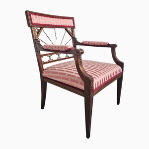 Antique French Empire Mahogany Armchair in Pink Striped Fabric, 1890s