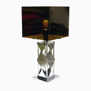 Lámpara de mesa de vidrio acrílico ahumado y acero satinado, años 70
