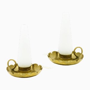 Brass and Opaline Glass Bedside Table Lamps in the style of Arreduloce, 1940s, Set of 2
