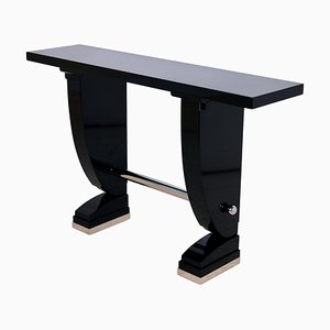 French Modernist Art Deco Console Table in Black Lacquer and Chromed Metal, 1930s