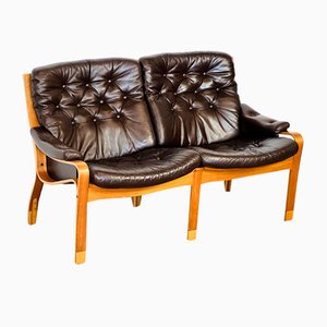 Scandinavian Bench in Black Leather and Teak, 1960