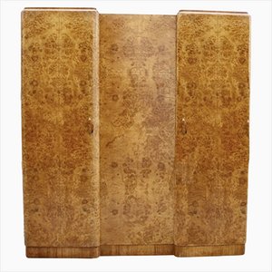 English Art Deco Blonde Walnut Triple Breakfront Wardrobe, 1930