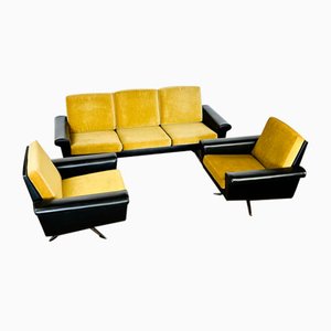 Mobilier de Salon Vintage Scandinave en Cuir et Velours, 1960s, Set de 3
