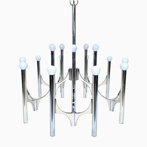 Lampadario grande a 15 luci placcato in argento di Gaetano Sciolari, Italia, anni '60