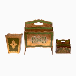 Florentine Newspaper Rack, Letter Holder & Paper Basket, Italy, 1960s, Set of 3
