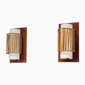 Natural Rattan, Teak and Opaline Glass Wall Lights, 1960s, Set of 2