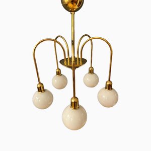 Mid-Century Gold Brass Opaline Glass Chandelier