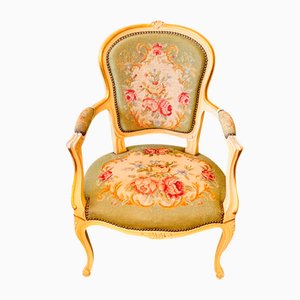 Antique Queen Anne Style Armchair with Rose Tapestry