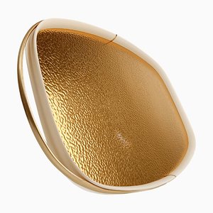 Vintage Oval Tray in Gilded Hammered Aluminum and Ivory Plastic, Italy, 1960s