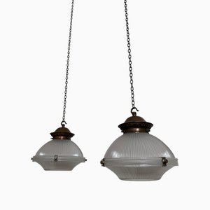 Lampes à Suspension Holophane Vintage en Cuivre, 1920s, Set de 2