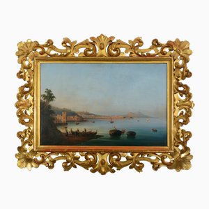 Artista della scuola di Posillipo, Veduta di Napoli e Veduta di Nisida, 1830, olio su tela, con cornice, set di 2
