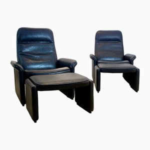 Poltrone e poggiapiedi regolabili Ds-50 in morbida pelle nera di de Sede, anni '70, set di 4