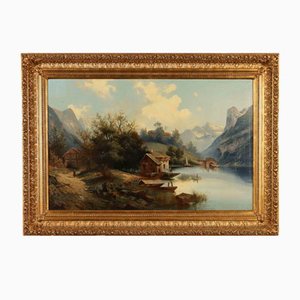 Central European School Artist, Landscape with House on the Lake, Oil on Canvas, Framed
