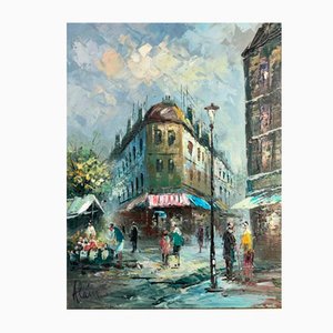 Alain, Pariser Blumenmarkt, 1960er, Öl auf Holz