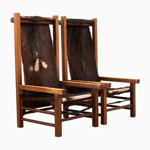 Set of Round Wood Armchairs with Fur Cover