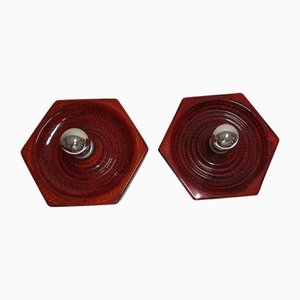 Vintage German Flat Wall Lamps in Red Glazed Ceramic by Hustadt-Leuchten, 1970s, Set of 2