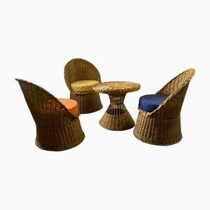 Set estivo Mid-Century moderno in vimini, Francia, anni '50, set di 4