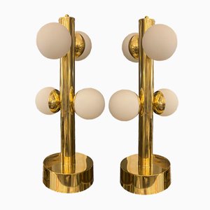Goldene Lampen mit weißen Kugeln, 2er Set