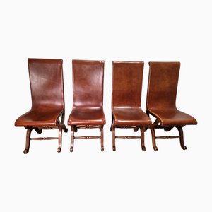 Spanish Dining Chairs in Leather and Oak by Pierre Lottier Valmazan, 1960s, Set of 4