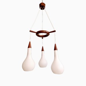 Lampadario in teak e vetro bianco satinato, Scandinavia, anni '60