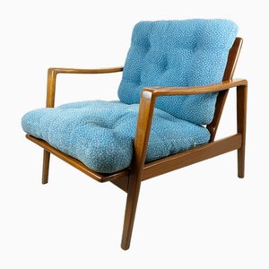 Blue Fabric & Teakwood Armchair by Arne Wahl Iversen for Komfort, 1960s