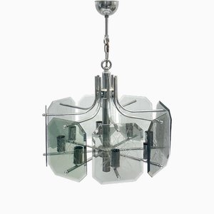 Lampadario in vetro fumé e cromato di Fischer Leuchten, anni '80