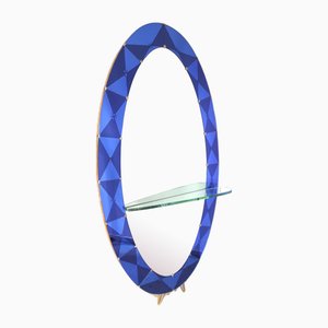 Vintage Italian Oval Mirror in Brass and Blue Crystal, 1950s