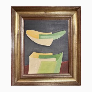 Yves Naviere, conocido como Degan, pintura al óleo sobre lienzo abstracto verde, naranja sobre fondo negro, años 70, óleo sobre lienzo