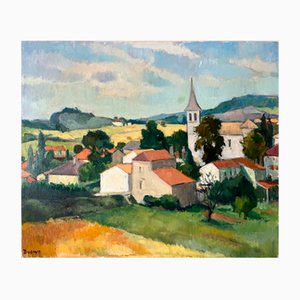 Dupay Thea, Village in the Lot, Pintura al óleo de paisaje, Francia, siglo XX, años 90, Óleo sobre lienzo
