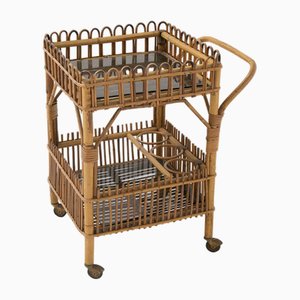 Italienischer Barwagen aus Rattan & Schwarzem Glas, 1950er