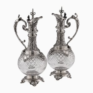 Große antike Weinkrüge aus Neusilber & geschliffenem Glas, 1900, 2 . Set