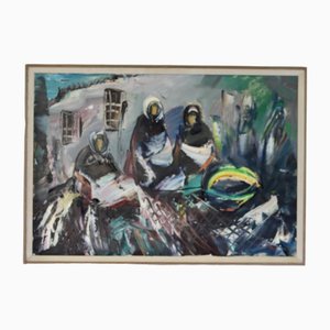 Erik Loo, Figurines en Toile, 1950s, Huile sur Toile et Peinture, Encadrée