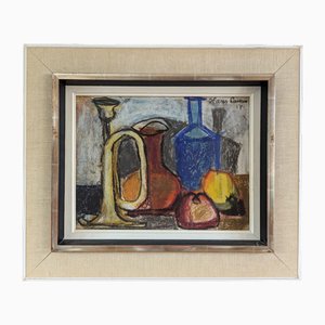 Bodegón en pastel, años 50, vidrio, madera y lino, enmarcado