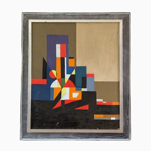 Mini retratos geométricos de ciudades, años 50, pintura y lienzo y plata, enmarcado