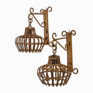 Rattan and Bamboo Wall Lamps, 1970s, Set of 2