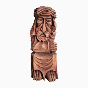 Brutalist Carved Wood Pensive Christ Sculpture in Wood, 1960s