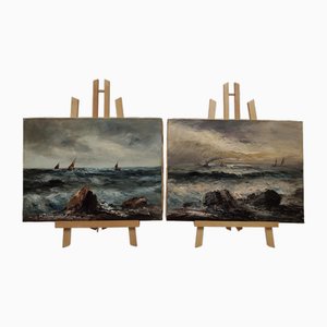 Follini, Marina con rocas y barcos en Fimra Follini, 1930, óleo sobre lienzo, enmarcado