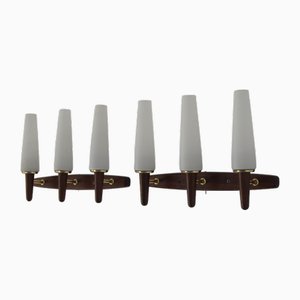 Vintage Wall Lamps with Rosewood Wall Part and Opaline Glass Shade, Set of 2